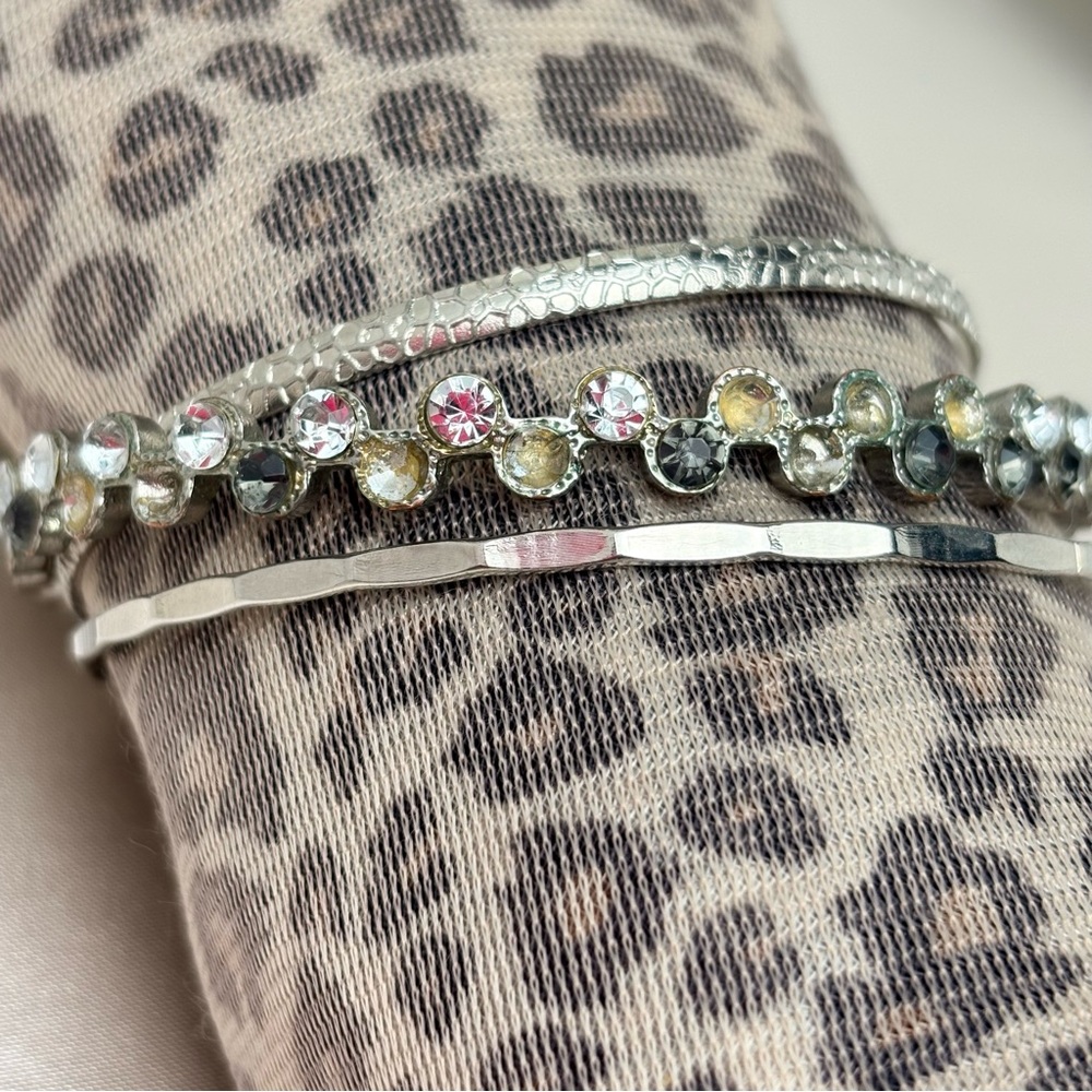 Silver Rhinestone Bangle Stack Vintage Minimalist… - image 3